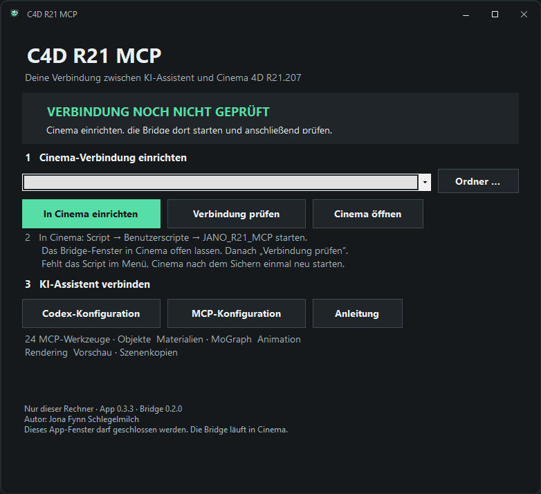 c4d-r21-mcp – echte App-Oberfläche