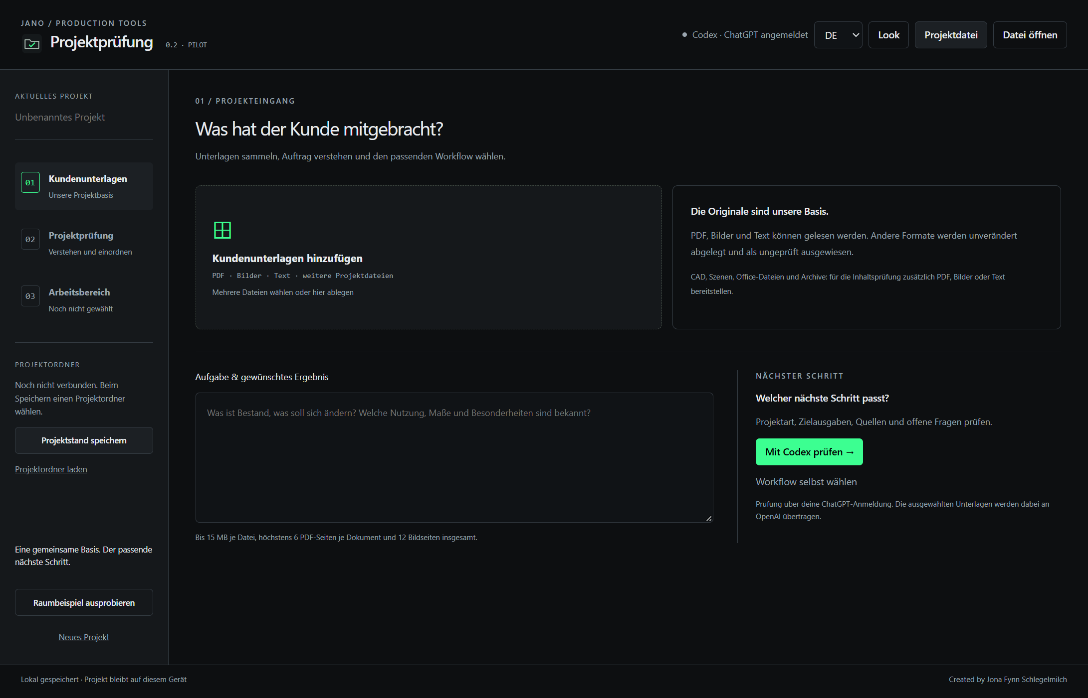 Projektprüfung mit leerem Projekteingang, Kundenunterlagen und Workflow-Auswahl