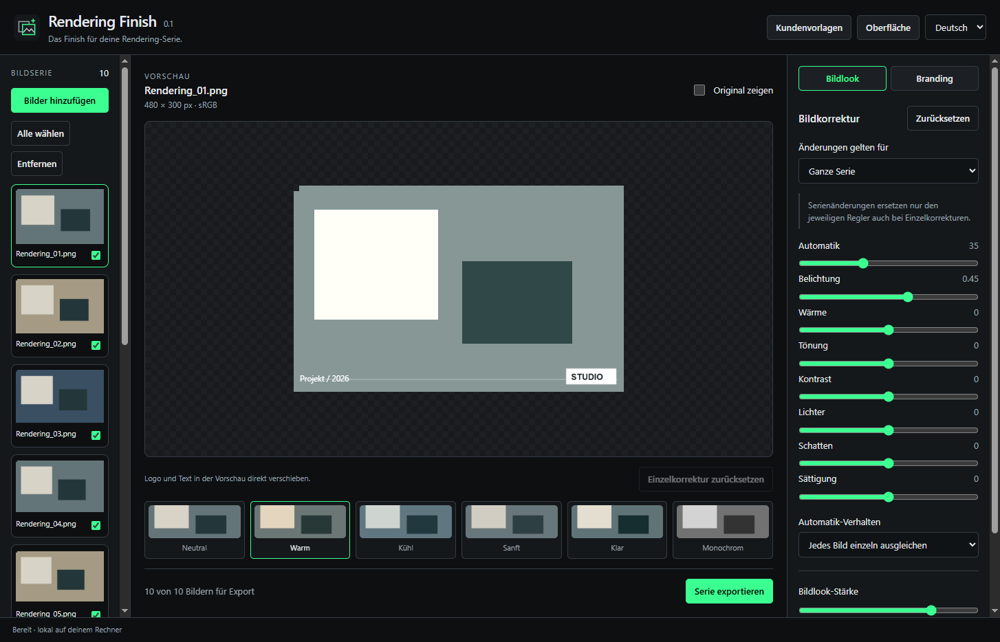 Rendering Finish: zehn neutrale Testbilder, Bildkorrekturen und Vorschau