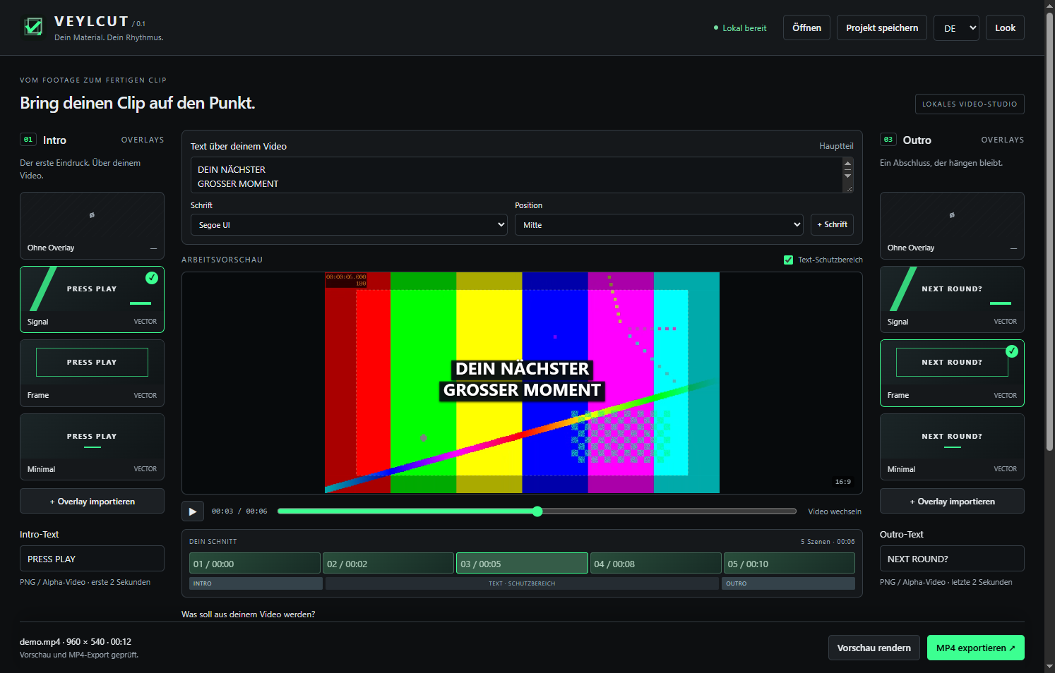 Echte App-Ansicht · synthetisches Testvideo
